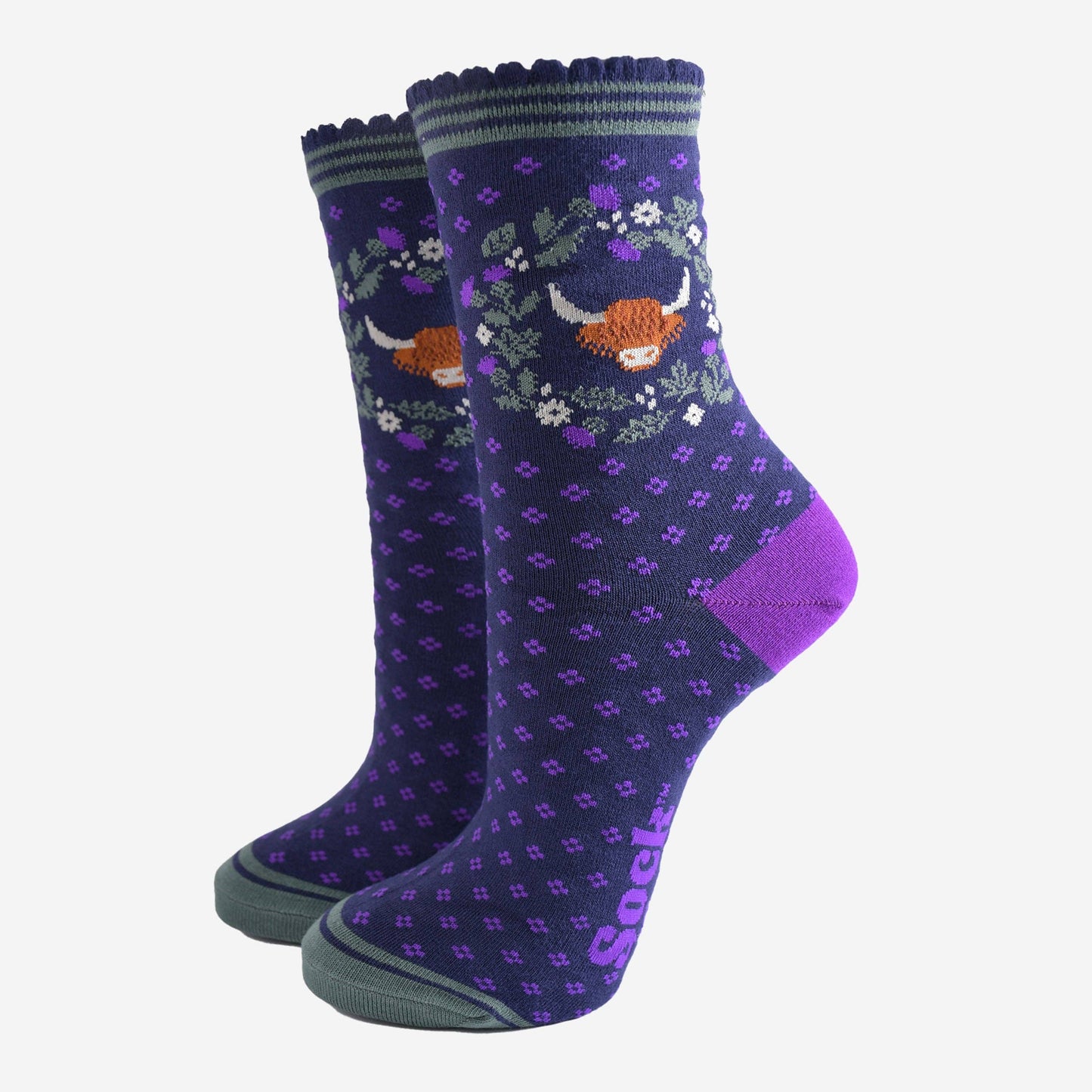 Women's Bamboo Socks - Navy Blue/Purple, Highland Cow Wreath: UK 3-7 | EU 36-40 | US 5-9