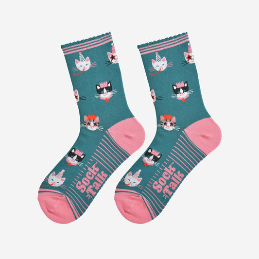 Women's Bamboo Socks - Green/Pink, Party Cats: UK 3-7 | EU 36-40 | US 5-9