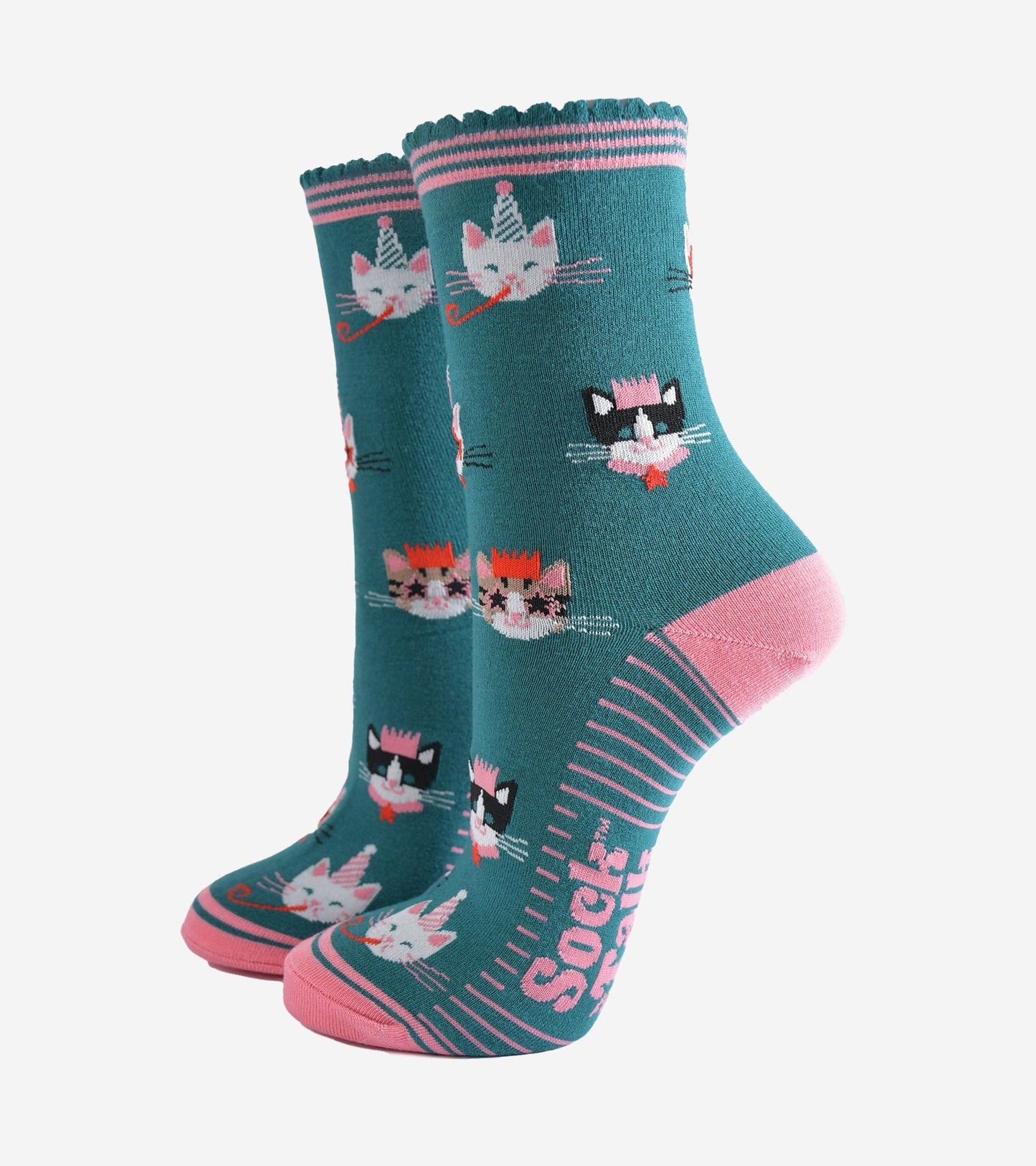 Women's Bamboo Socks - Green/Pink, Party Cats: UK 3-7 | EU 36-40 | US 5-9