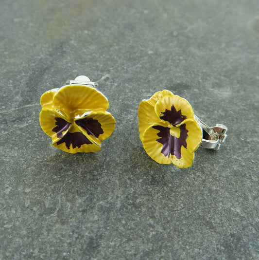Pansy Yellow Flower Clip Earrings