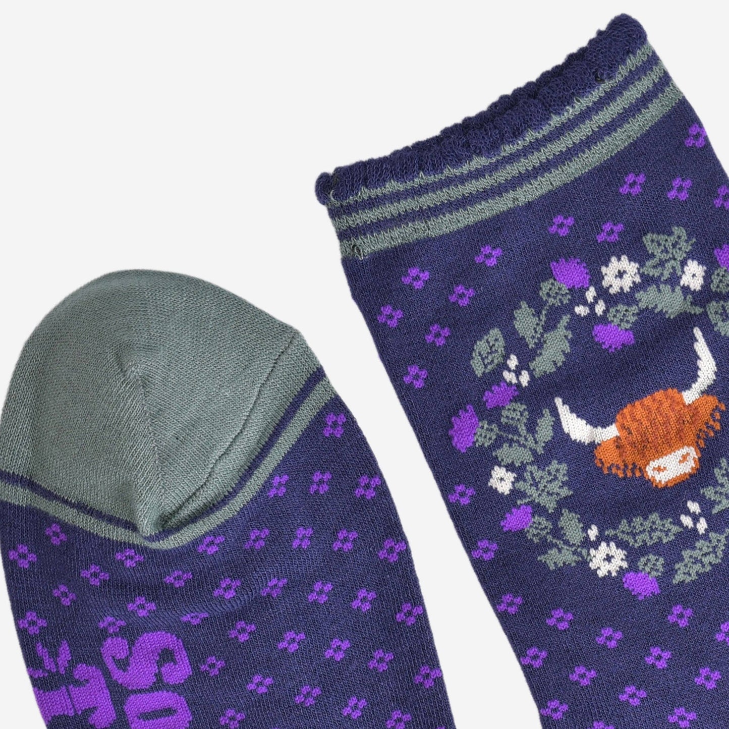Women's Bamboo Socks - Navy Blue/Purple, Highland Cow Wreath: UK 3-7 | EU 36-40 | US 5-9