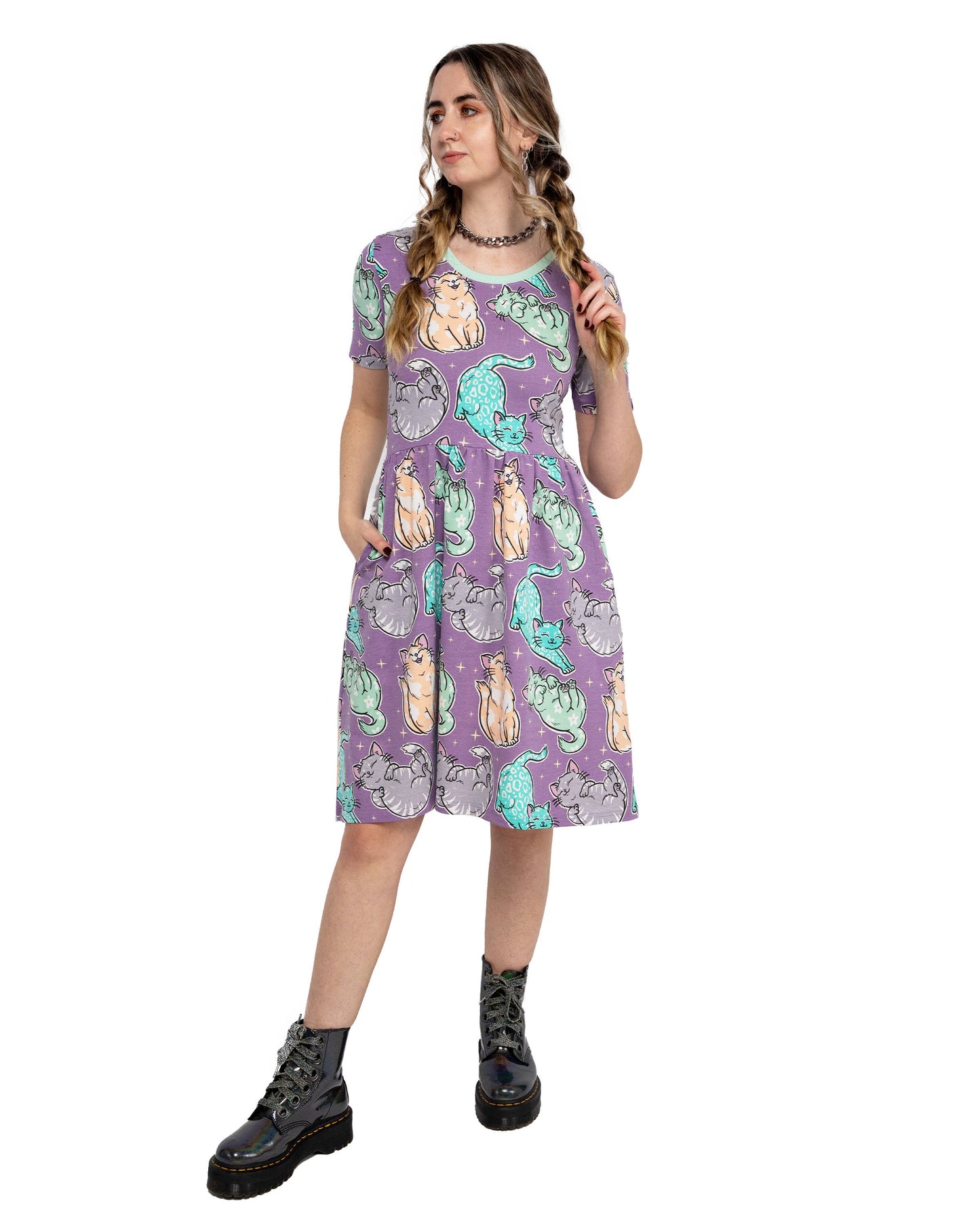 Purrfect Cats Short T-Shirt Dress with Pockets
