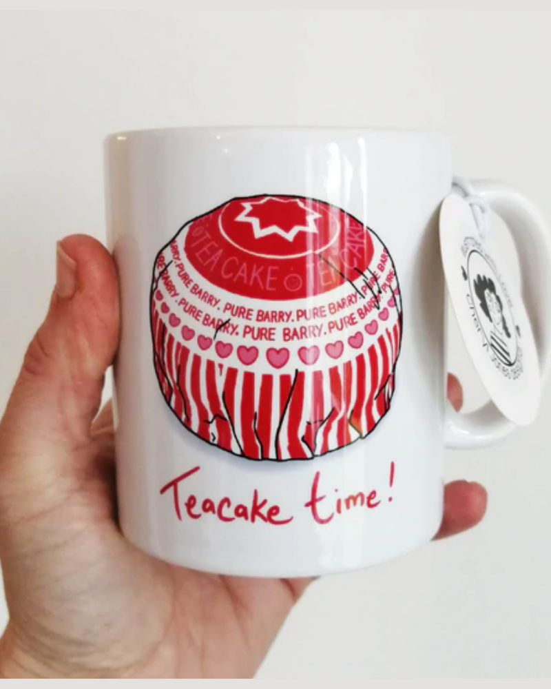White porcelain mug with illustrated depiction of a tunnocks teacake reading 'teacake time'.