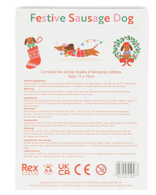 Festive Sausage Dog Temporary Tattoos