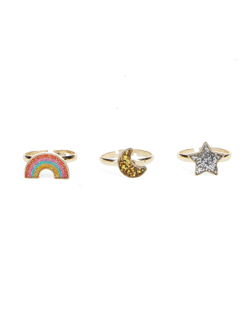 Star, Rainbow & Moon Glitter Rings (Set of 3)