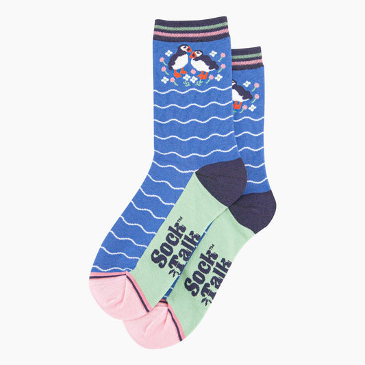 Women's Bamboo Socks - Blue, Puffins and Flowers: UK 3-7 | EU 36-40 | US 5-9