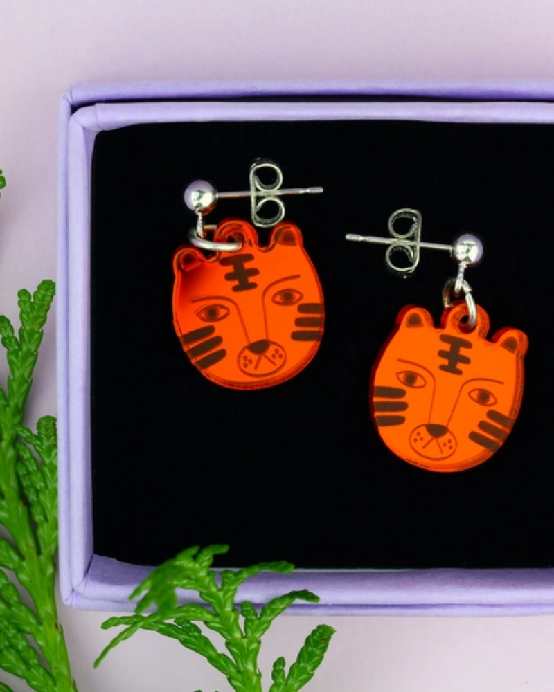 Tiger Stud Earrings In Orange