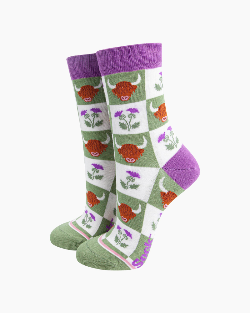 Highland Cow Thistle Checkerboard Unisex Crew Socks