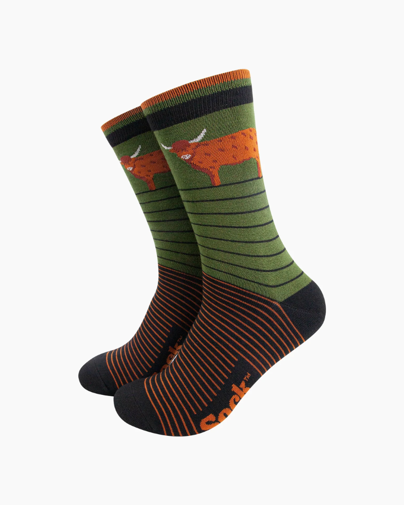 Highland Cow Green Stripe Unisex Socks