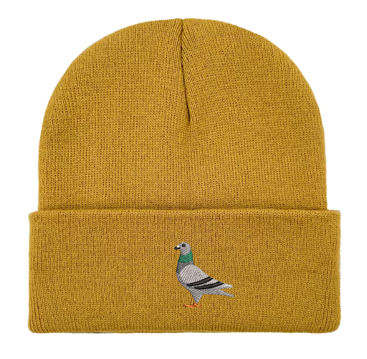 Pigeon Embroidered Unisex Beanie Hat Mustard