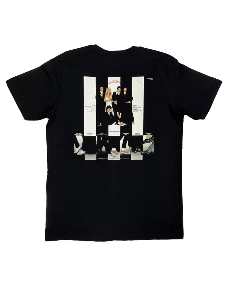 Black t-shirt with a collage of Blondie on the back, displayed on a white background