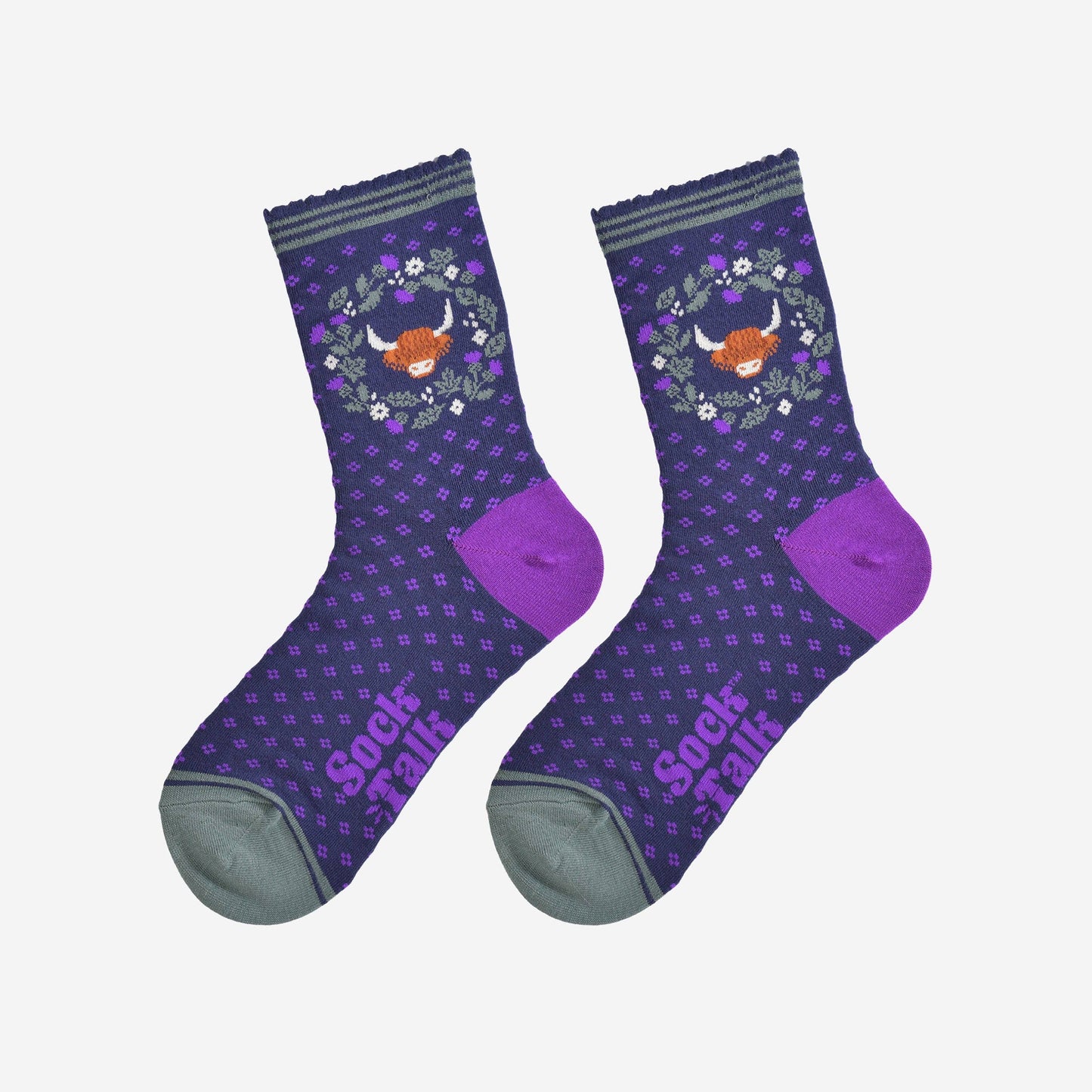 Women's Bamboo Socks - Navy Blue/Purple, Highland Cow Wreath: UK 3-7 | EU 36-40 | US 5-9
