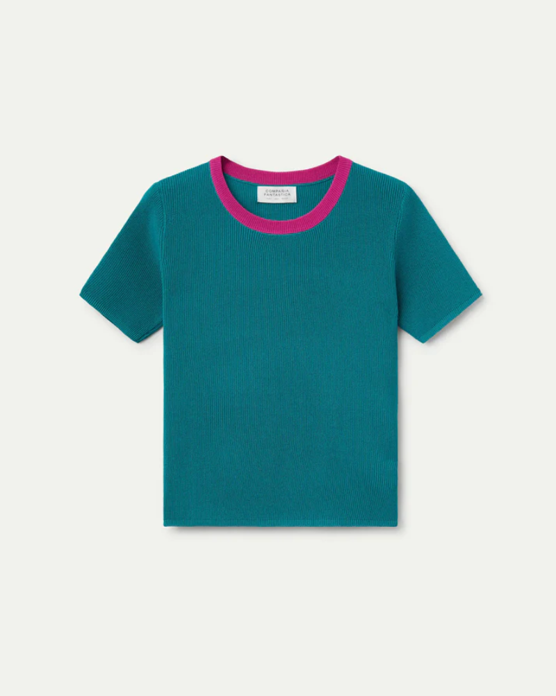 Teal Pink Neck Contrast Knit Top By Compania Fantastica
