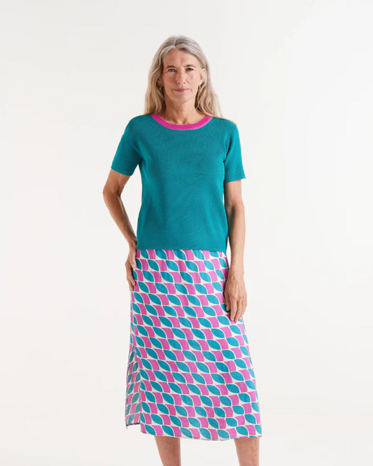 Teal Pink Neck Contrast Knit Top By Compania Fantastica