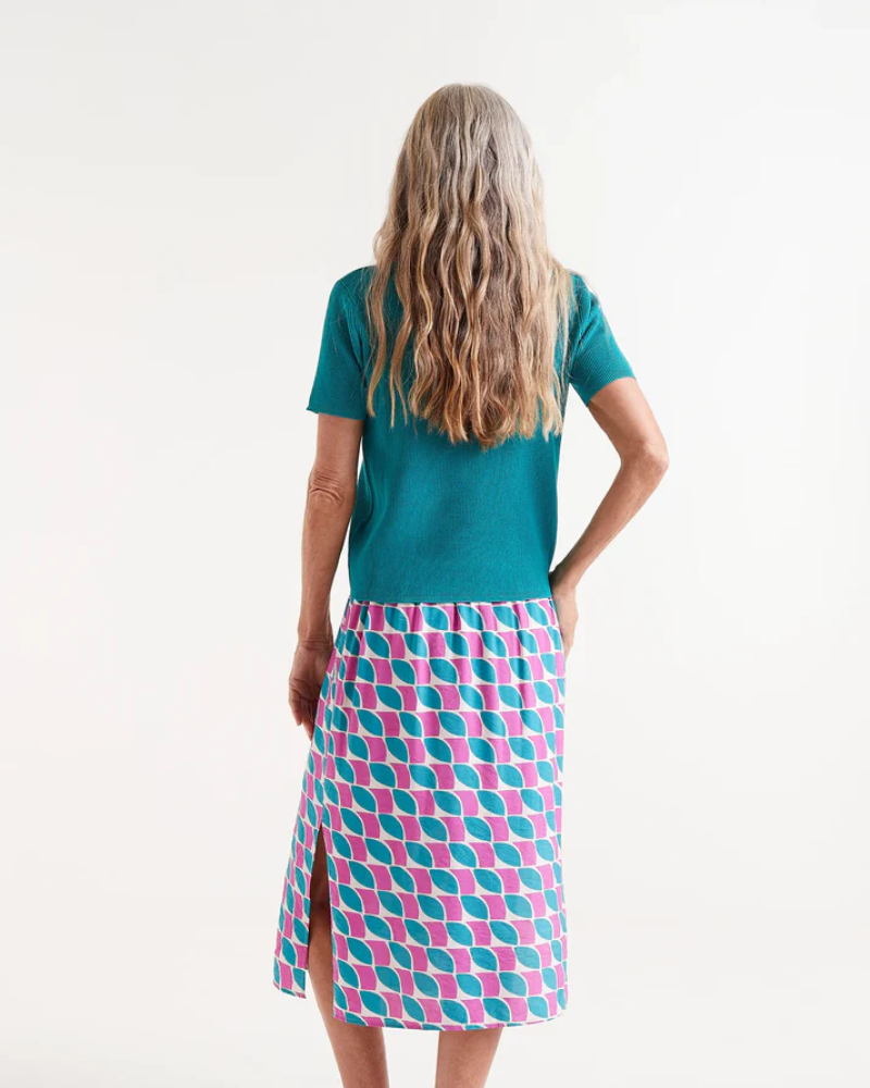 Teal Pink Neck Contrast Knit Top By Compania Fantastica