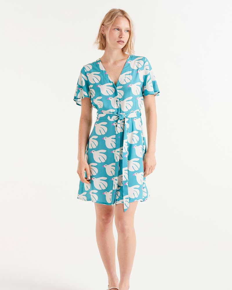Doves Print Belted Short Dress By Compania Fantastica