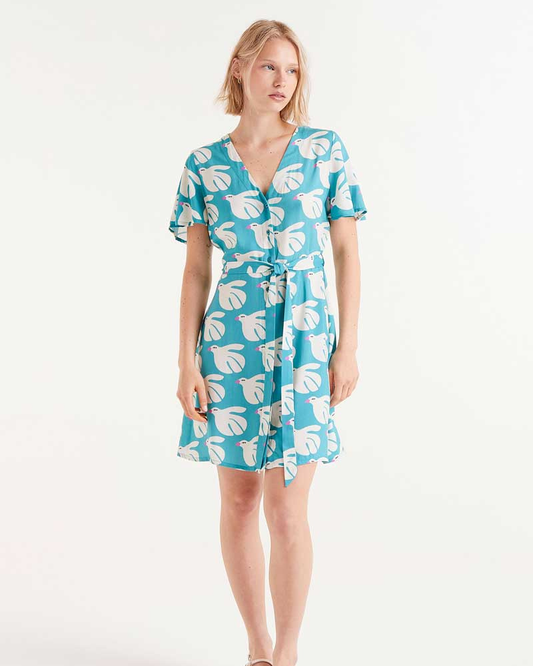 Doves Print Belted Short Dress By Compania Fantastica