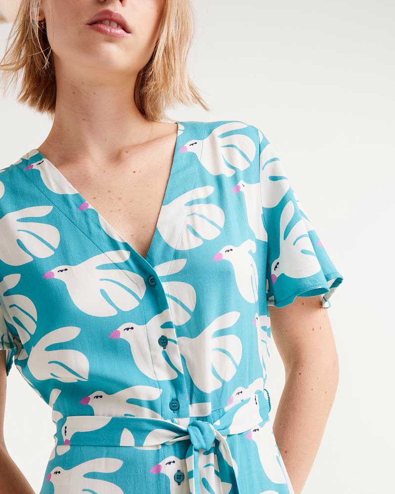 Doves Print Belted Short Dress By Compania Fantastica