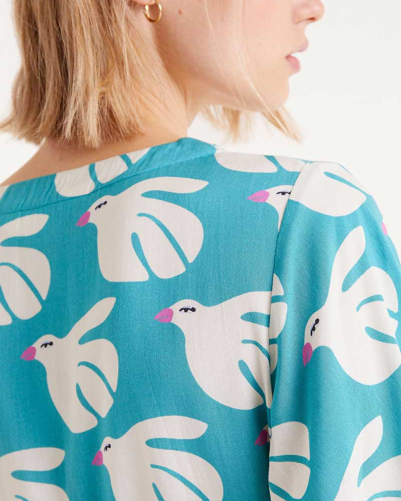 Doves Print Belted Short Dress By Compania Fantastica