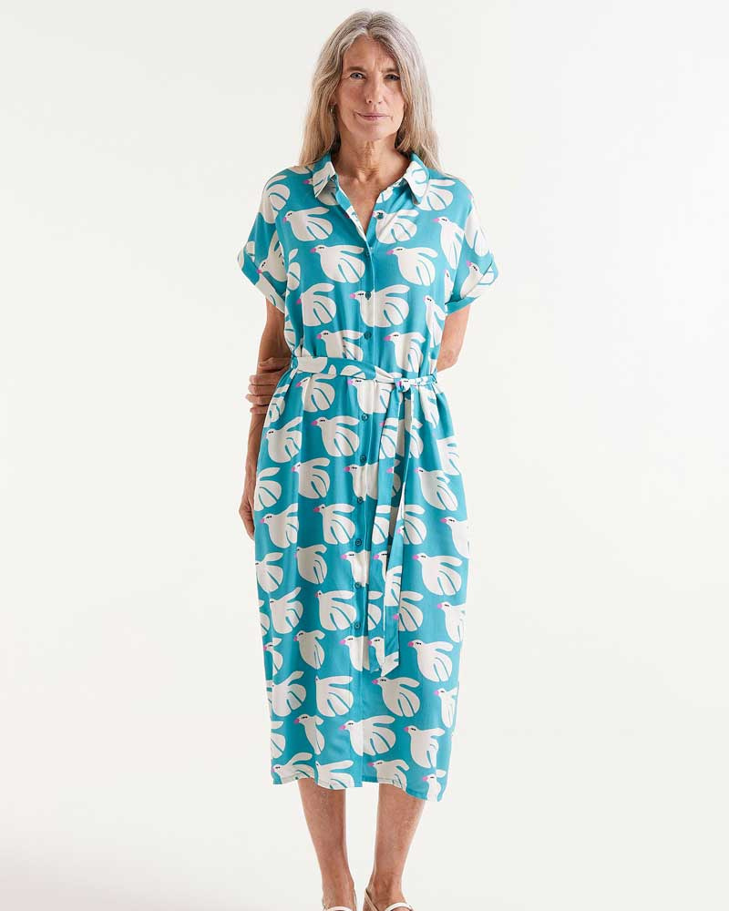 Doves Print Belted Midi Dress By Compania Fantastica
