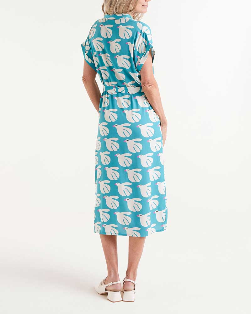 Doves Print Belted Midi Dress By Compania Fantastica