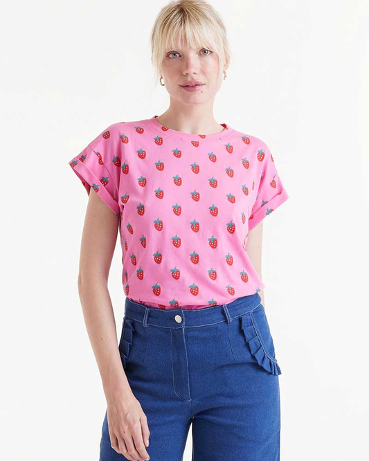 Strawberry Print Round Neck T-Shirt By Compania Fantastica