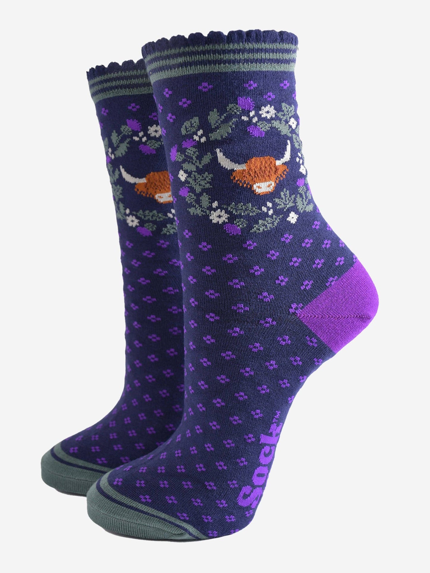 Women's Bamboo Socks - Navy Blue/Purple, Highland Cow Wreath: UK 3-7 | EU 36-40 | US 5-9
