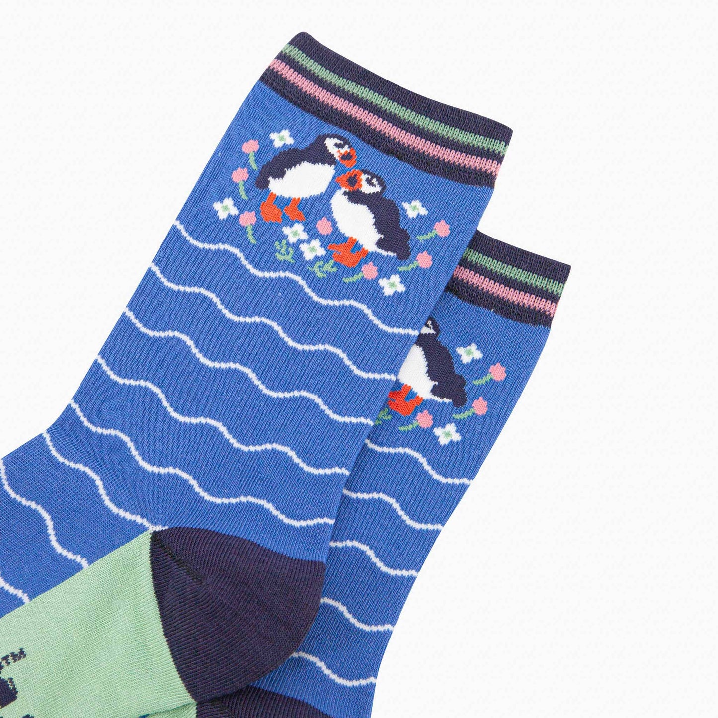 Women's Bamboo Socks - Blue, Puffins and Flowers: UK 3-7 | EU 36-40 | US 5-9