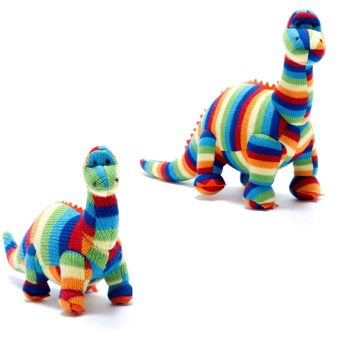 Knitted Diplodocus Dinosaur Plush Toy in Bold Stripes