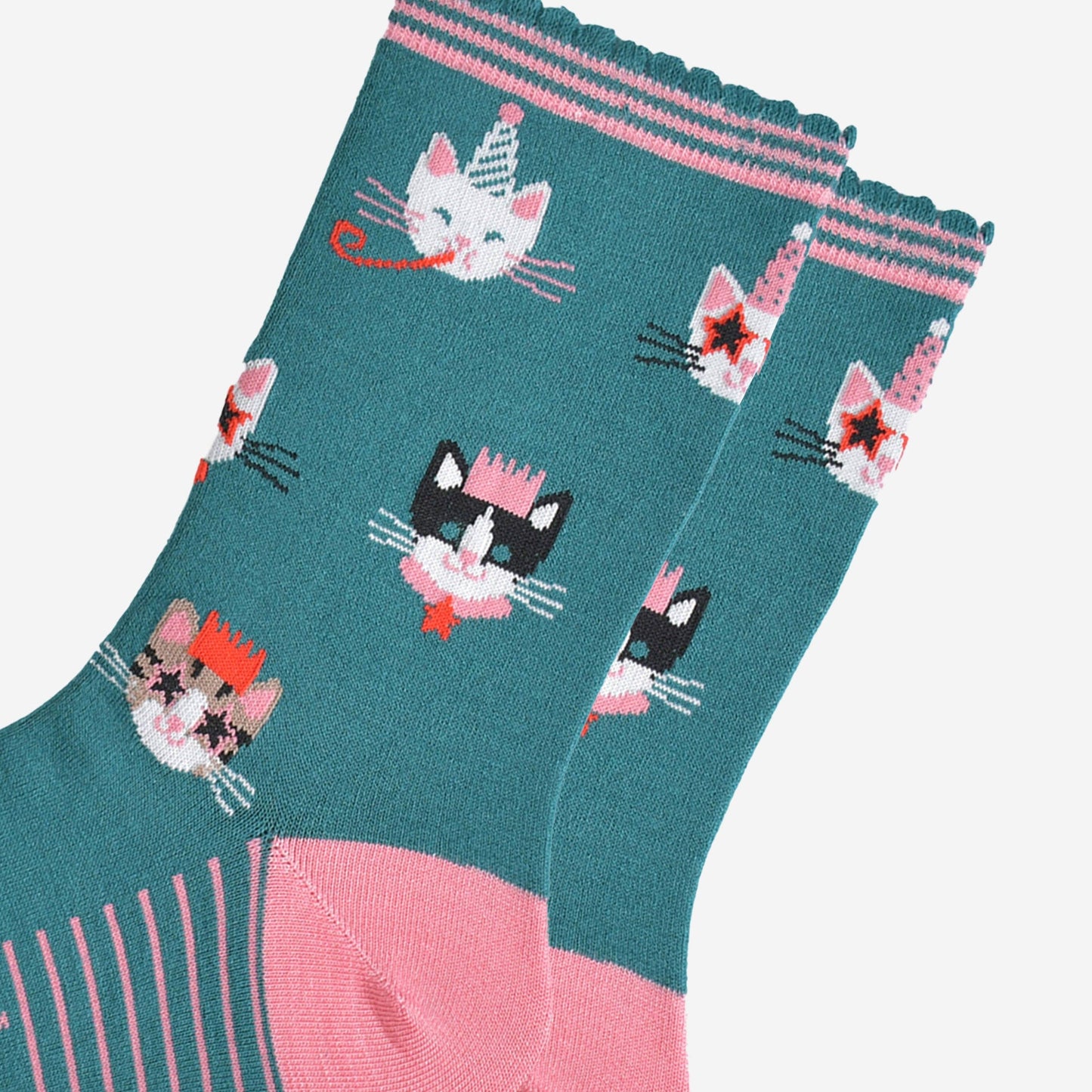 Women's Bamboo Socks - Green/Pink, Party Cats: UK 3-7 | EU 36-40 | US 5-9