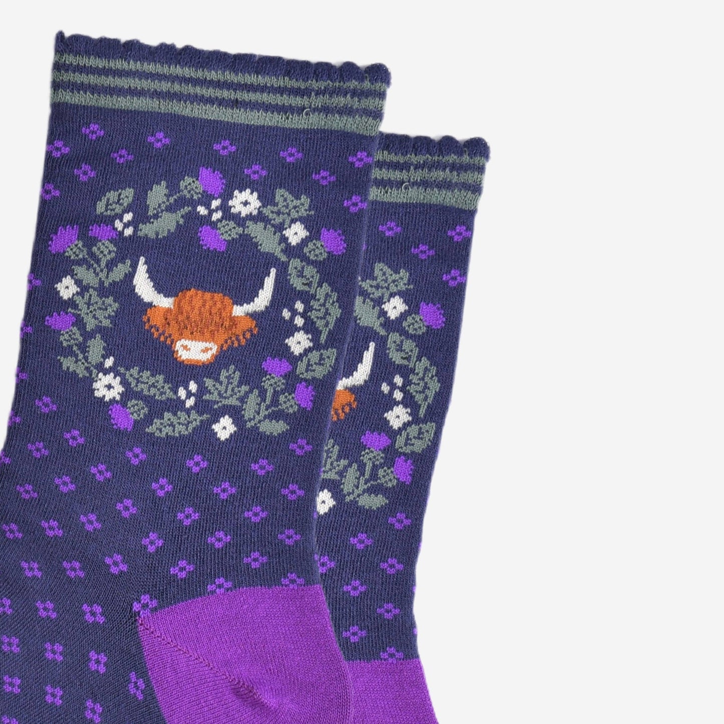 Women's Bamboo Socks - Navy Blue/Purple, Highland Cow Wreath: UK 3-7 | EU 36-40 | US 5-9