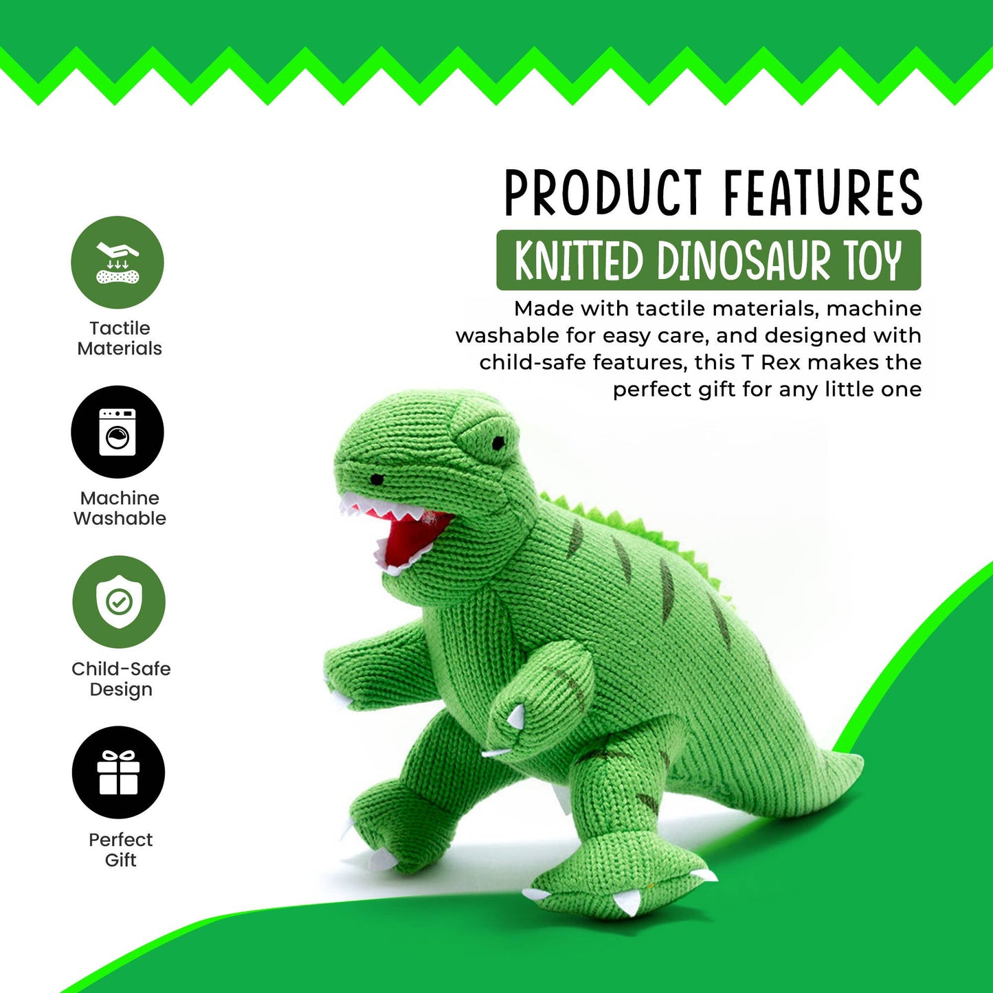 Knitted Green T Rex Dinosaur Plush Toy