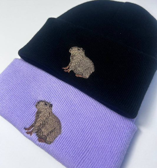 Embroidered Capybara Beanie Hat in Lavender