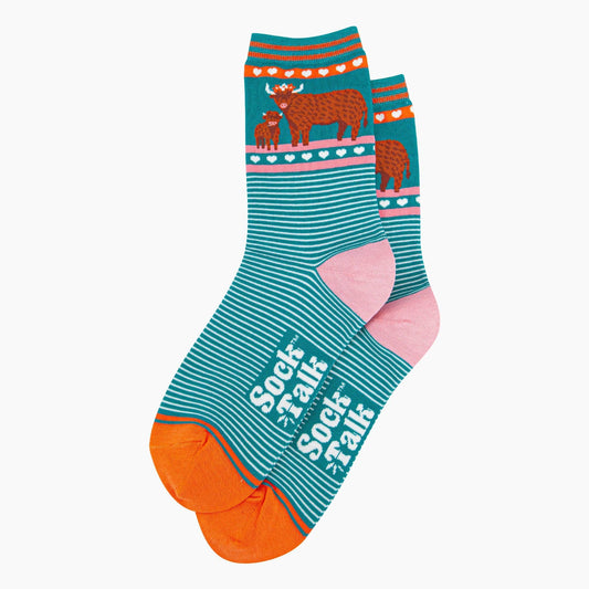 Women's Bamboo Socks - Teal, Highland Cow and Calf: UK 3-7 | EU 36-40 | US 5-9