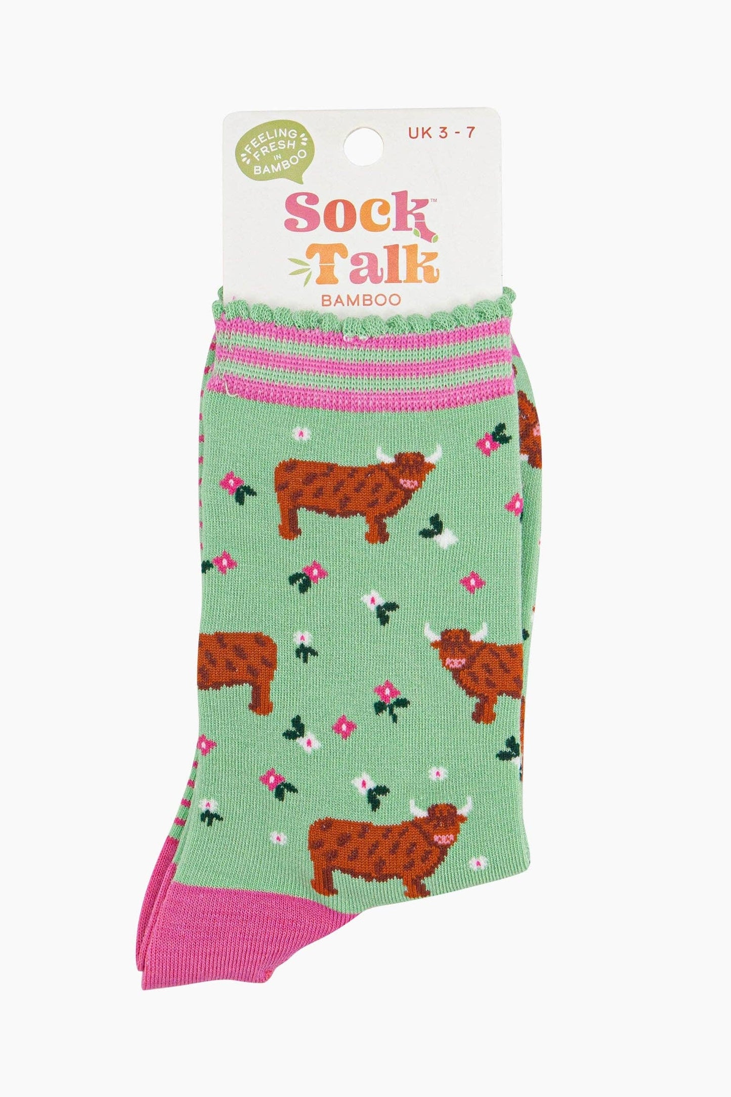 Women's Bamboo Socks - Green, Highland Cow Floral Meadow: UK 3-7 | EU 36-40 | US 5-9