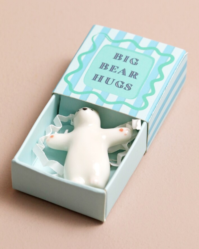 Bear Hug Tiny Ceramic Token In Matchbox