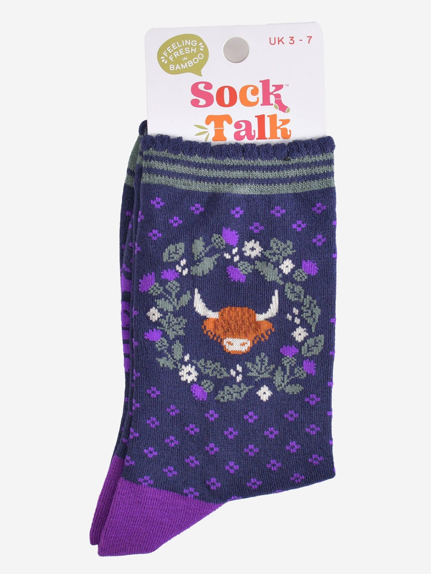 Women's Bamboo Socks - Navy Blue/Purple, Highland Cow Wreath: UK 3-7 | EU 36-40 | US 5-9