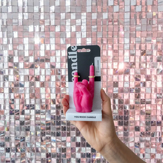 Small You Rock Hand Gesture Candle in Pink
