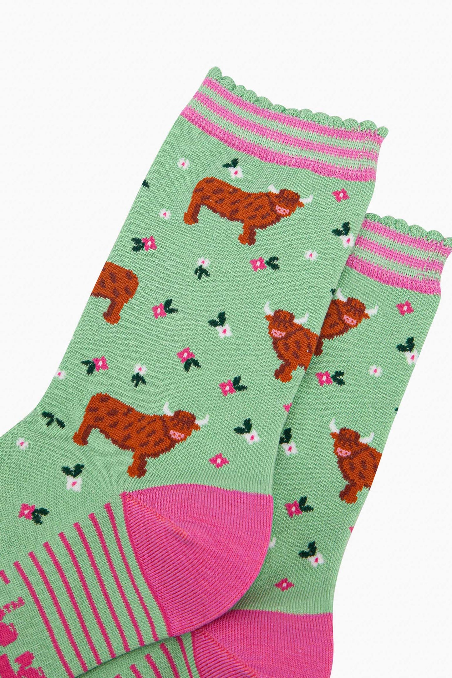 Women's Bamboo Socks - Green, Highland Cow Floral Meadow: UK 3-7 | EU 36-40 | US 5-9