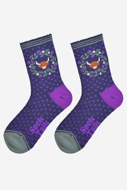 Women's Bamboo Socks - Navy Blue/Purple, Highland Cow Wreath: UK 3-7 | EU 36-40 | US 5-9