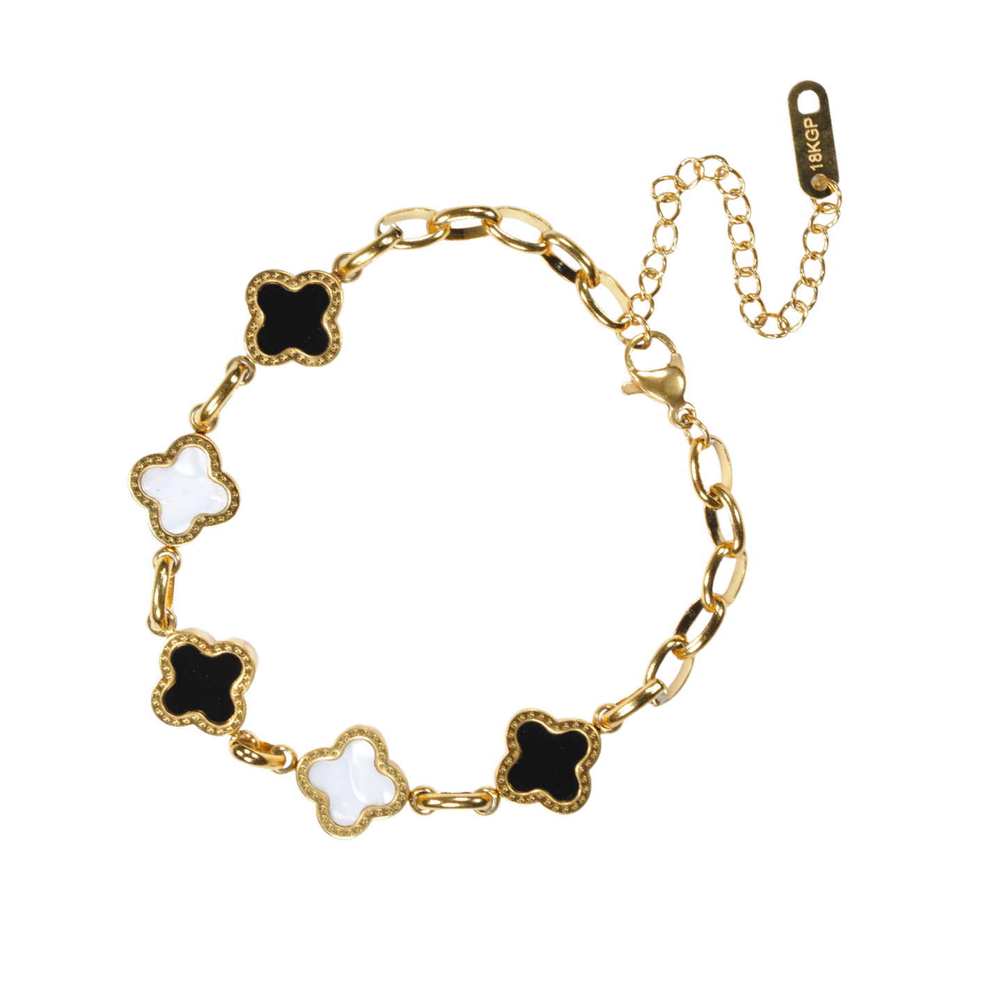 Black and White Four Leaf Clover Bracelet 18K Gold Plated
