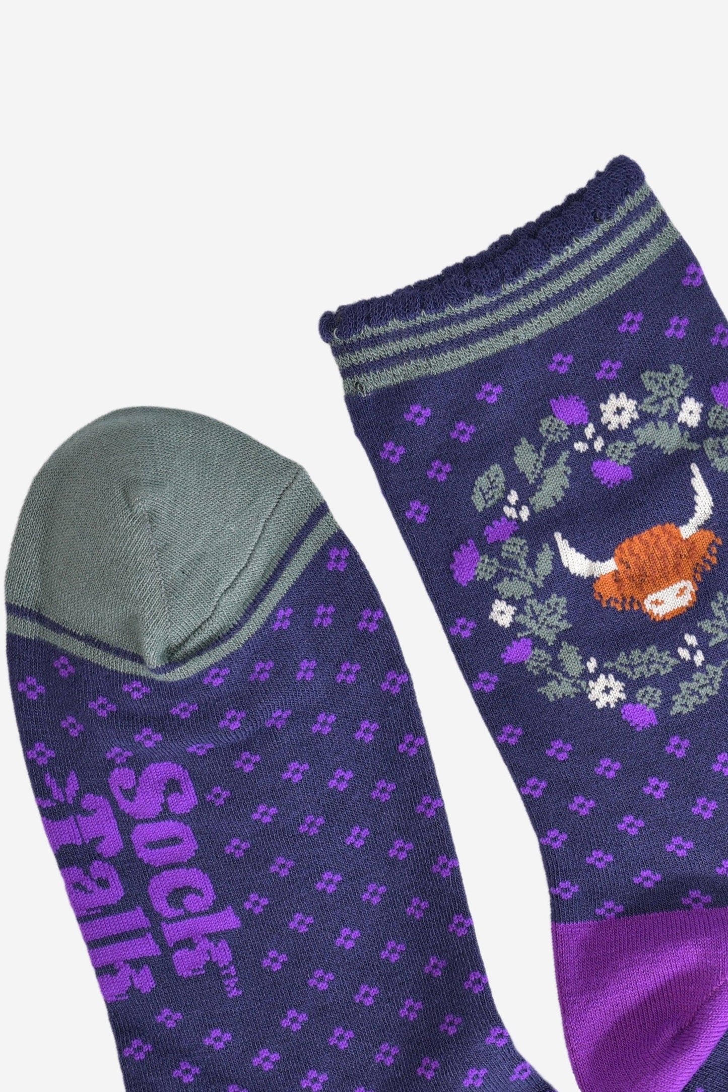 Women's Bamboo Socks - Navy Blue/Purple, Highland Cow Wreath: UK 3-7 | EU 36-40 | US 5-9