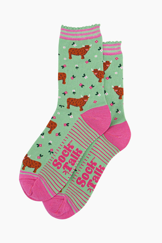 Women's Bamboo Socks - Green, Highland Cow Floral Meadow: UK 3-7 | EU 36-40 | US 5-9