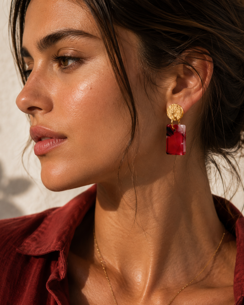 Aurora Petite Rectangle Stud Earrings Deep Red