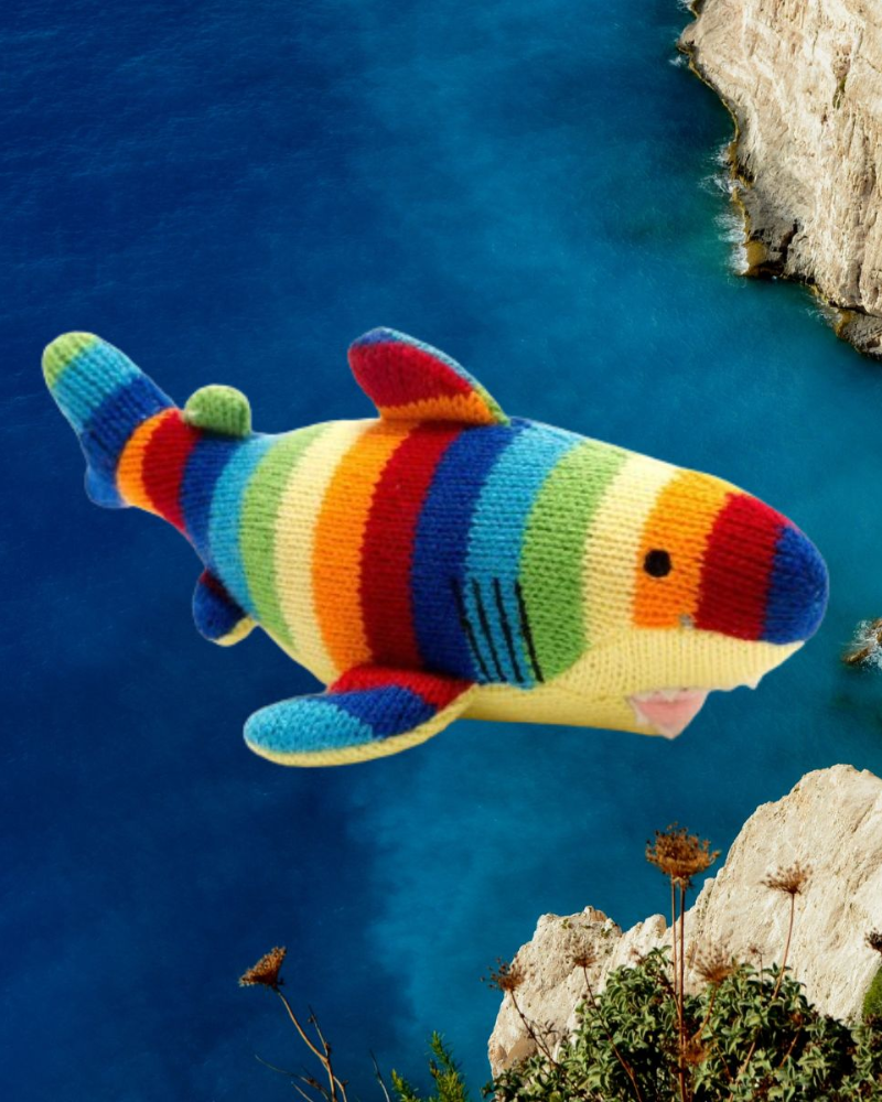 Shark Knitted Baby Rattle Rainbow Stripe