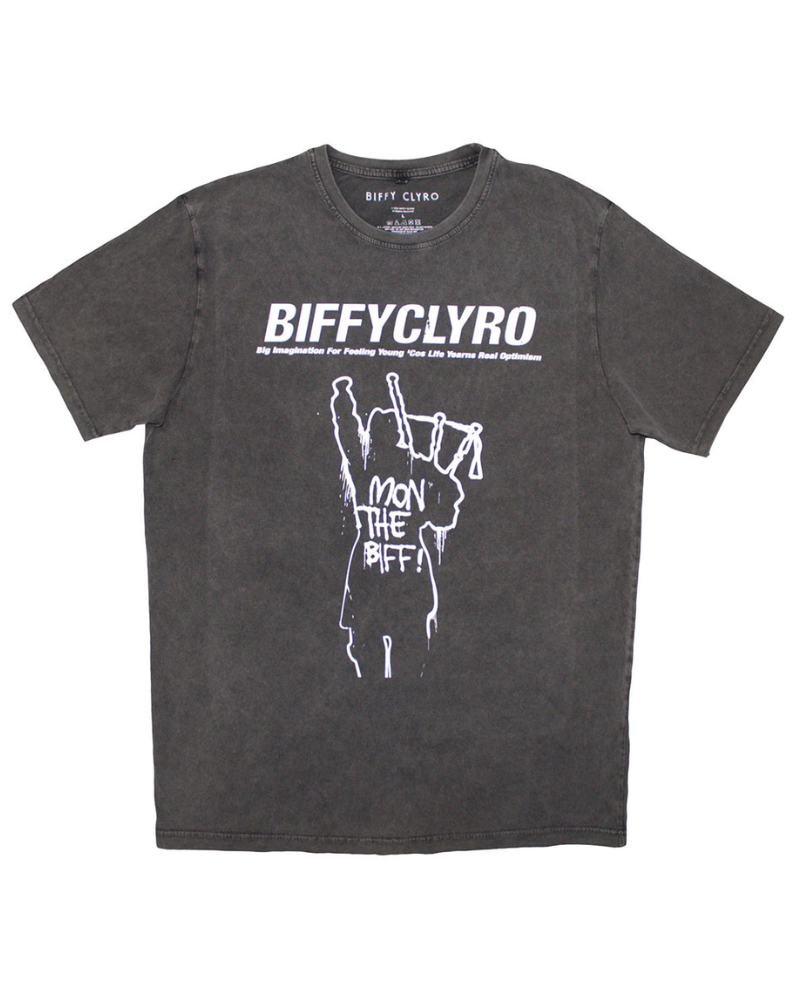 Black t-shirt with white Biffy Clyro graphic and text on a white background