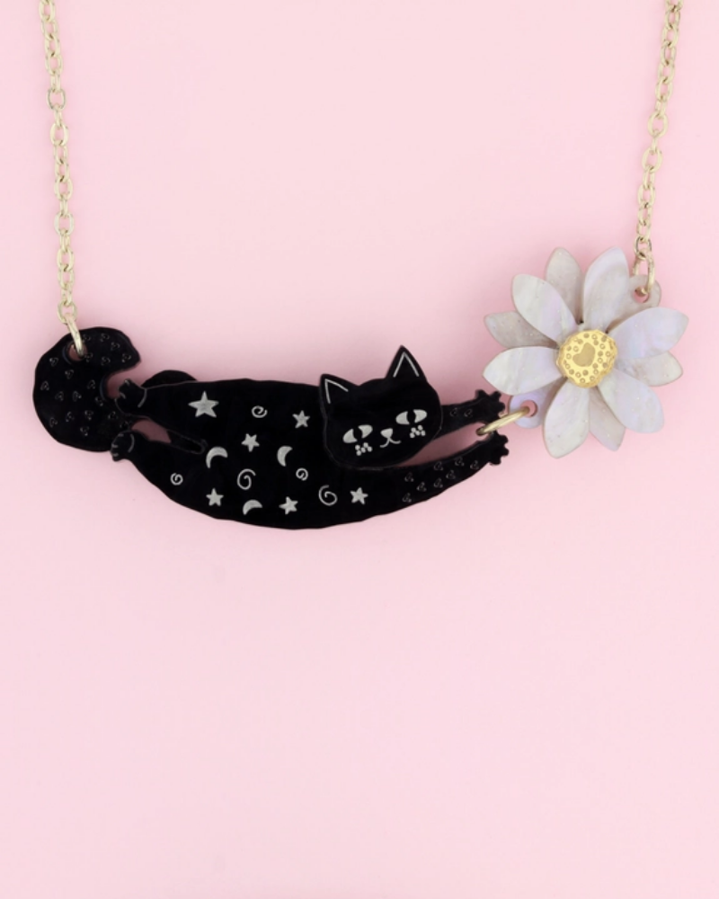 Cat & Big Flower Statement Necklace Black