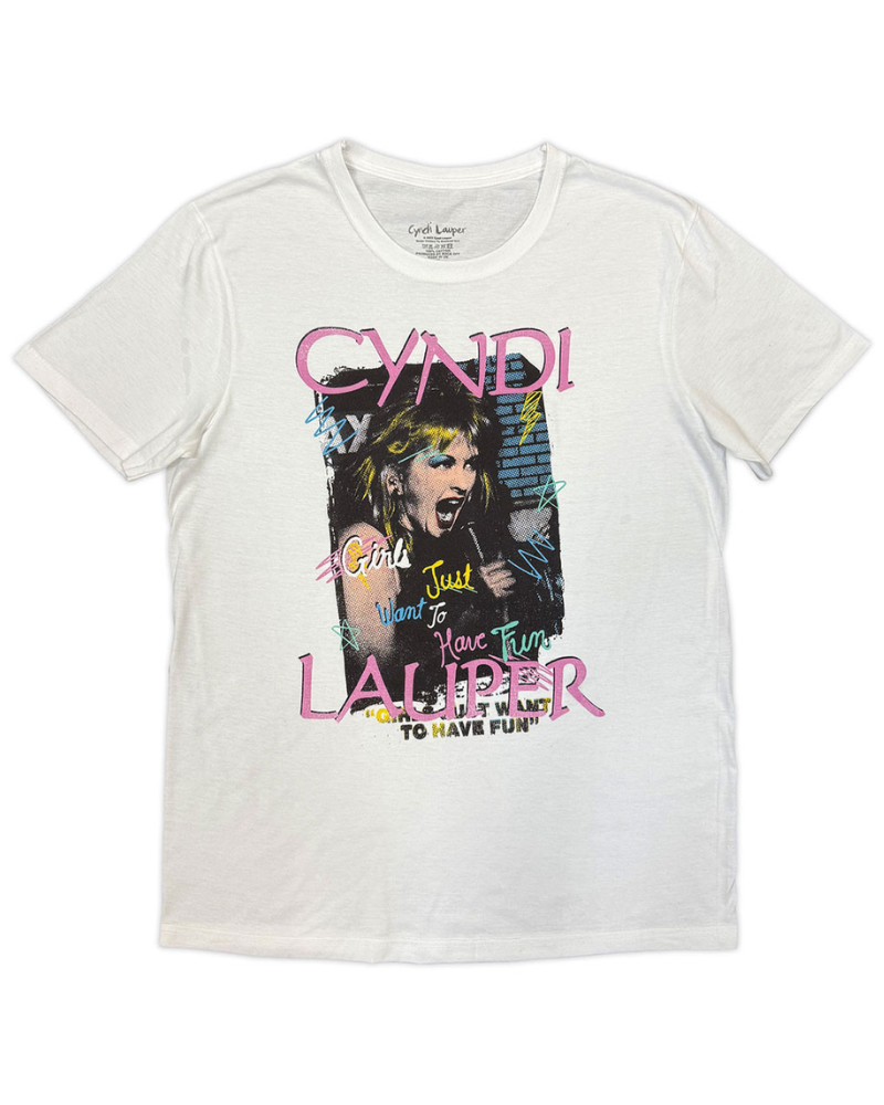 White t-shirt with a graphic of Cyndi Lauper and text on a white background