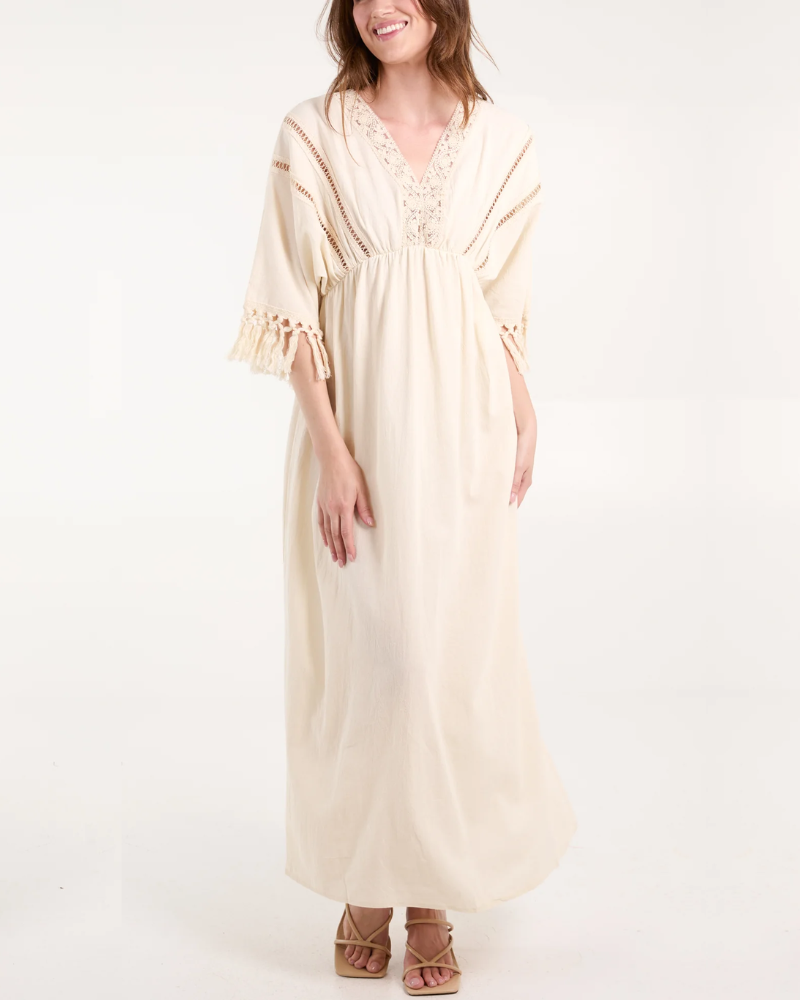 Crochet And Tassel Plunge Maxi Dress