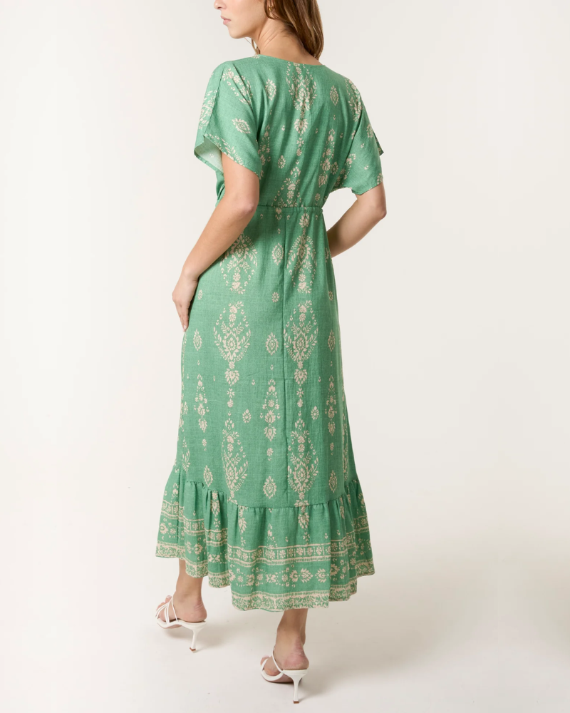 Damask Print V Neck Tassle Dress